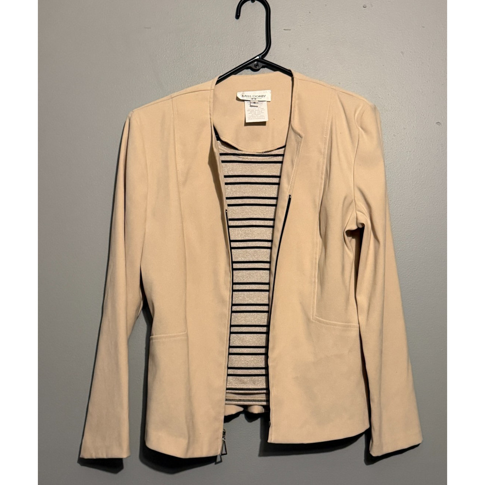 Miss Dorby Size 8 2 Piece Jacket Tank Set Beige Faux Suede Metallic Stripe